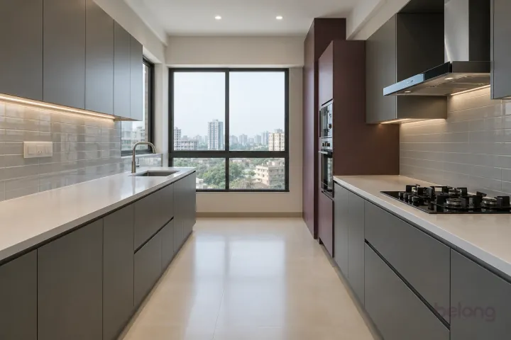 New modern parallel kitchen with a clear aisle in storm grey and muted plum, with white quartz worktops and pale grey rectangular ceramic tiles with slim grout.