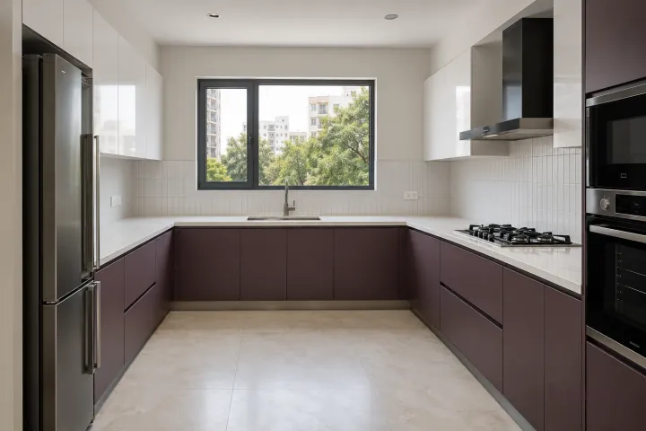 New modern generous U-shaped kitchen in aubergine and porcelain white, with white fine-veined porcelain worktops and white vertical stacked tiles.