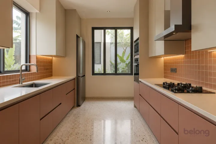 New modern parallel kitchen with a clear aisle in clay and sand, with ivory solid surface worktops and small satin terracotta square tiles.