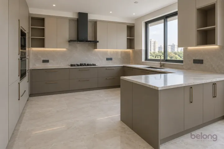 Tone-on-tone greige kitchen with a peninsula, with greige and pale greige finishes, precise fitted joinery and pristine surfaces in a contemporary Indian home.