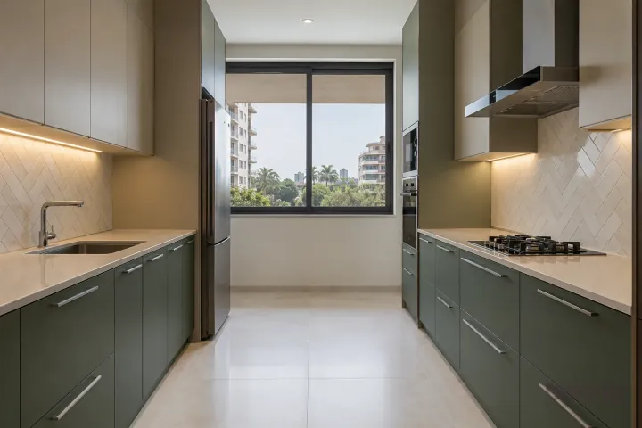 New modern parallel kitchen with a clear aisle in moss green and greige, with pale beige sintered stone worktops and warm-white tile in a simple herringbone pattern.
