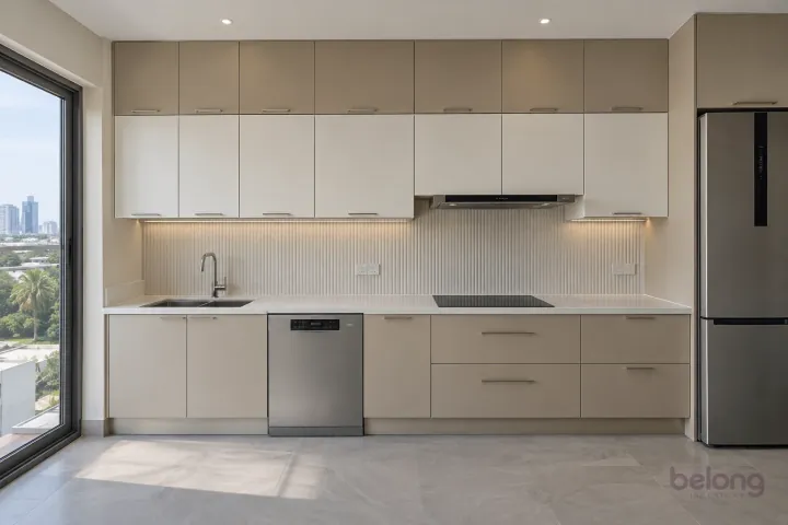 New modern ceiling-height storage for a small flat in champagne and oyster, with white fine-grain quartz worktops and pearl white narrow fluted ceramic tiles.
