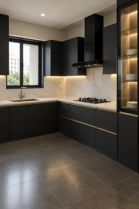 Matte black L-shape with brass edge pulls, with matte black and white veined quartz finishes, precise fitted joinery and pristine surfaces in a contemporary Indian home.