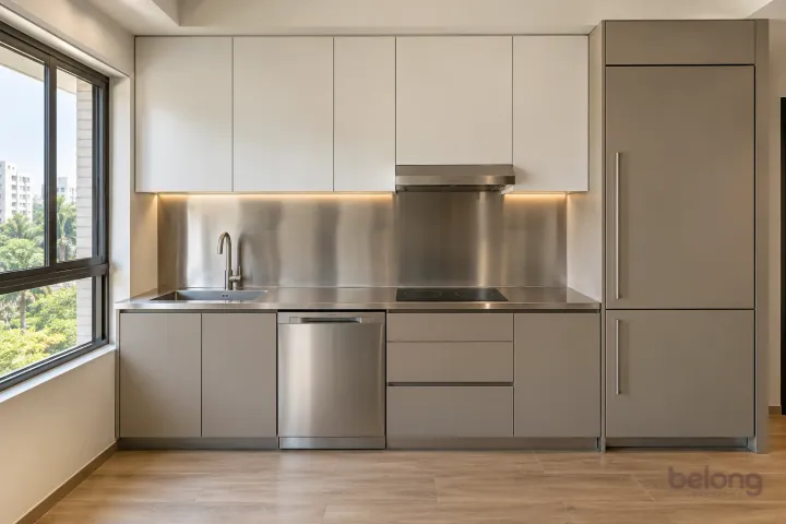 Small straight kitchen with greige cabinets and a satin stainless-steel worktop and backsplash.