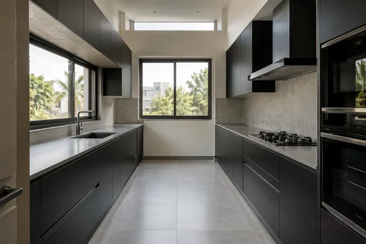 New modern parallel kitchen with a clear aisle in matte black and slate, with honed grey porcelain worktops and pale concrete-look slab backsplash.