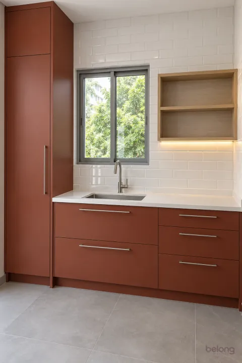 Brick red base cabinets with white subway tiles, with brick red and white subway tile finishes, precise fitted joinery and pristine surfaces in a contemporary Indian home.