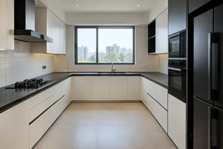 New modern generous U-shaped kitchen in chalk white and midnight black, with honed black granite worktops and warm-white square ceramic tiles.