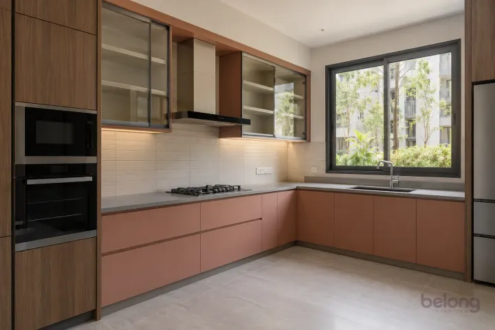 New modern sliding-glass wall cabinet in dusty coral and walnut, with warm grey quartz worktops and ivory horizontal stacked porcelain tiles.