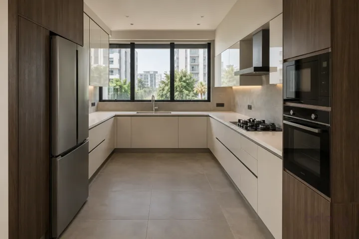 New modern generous U-shaped kitchen in pearl white and smoked eucalyptus, with white quartz worktops and pale grey porcelain slab.