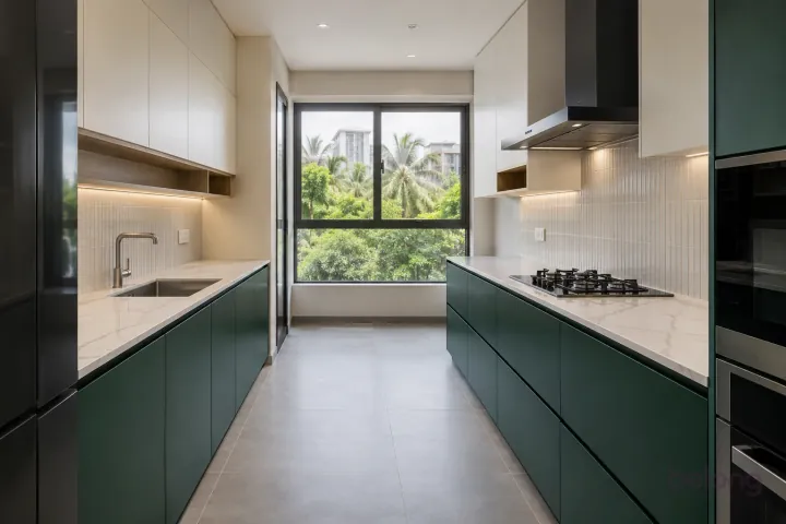 New modern parallel kitchen with a clear aisle in emerald and ivory, with white marble-look sintered stone worktops and pale ivory vertical finger tiles.