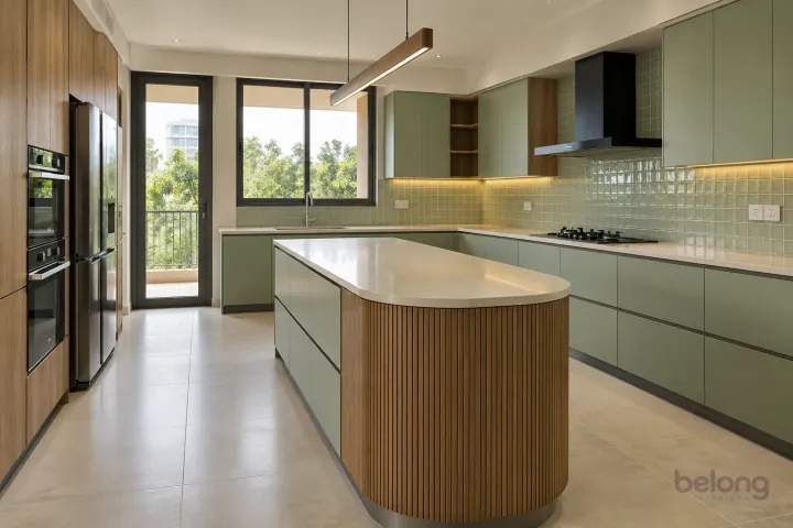 New modern villa kitchen with a central island in pistachio and cypress oak, with cream quartz worktops and soft pistachio square gloss tiles.