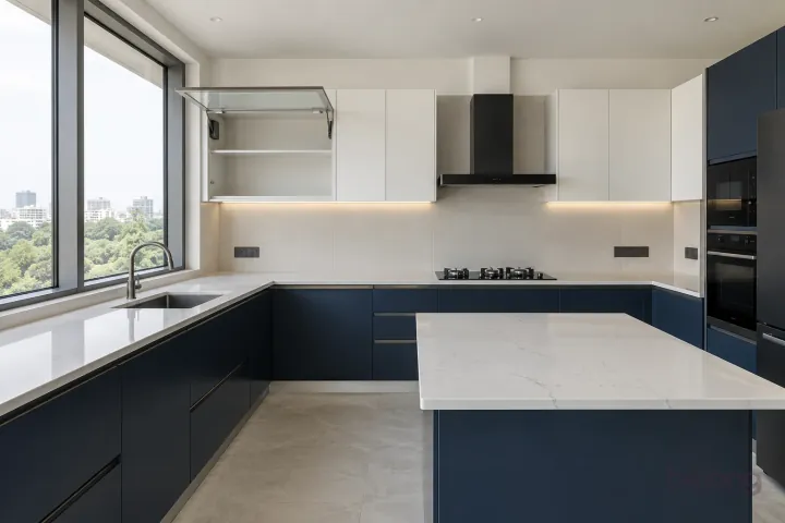 New modern lift-up glass cupboard in ink blue and cloud white, with white quartz with sparse subtle grey veins worktops and large matte off-white ceramic rectangles.