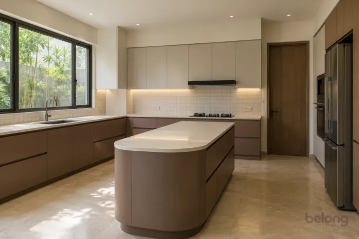 New modern villa kitchen with a central island in cocoa brown and linen, with ivory quartz worktops and warm-white square tiles with matching grout.