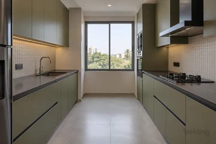 New modern parallel kitchen with a clear aisle in olive and charcoal, with honed charcoal quartz worktops and cream micro-grid ceramic tiles.