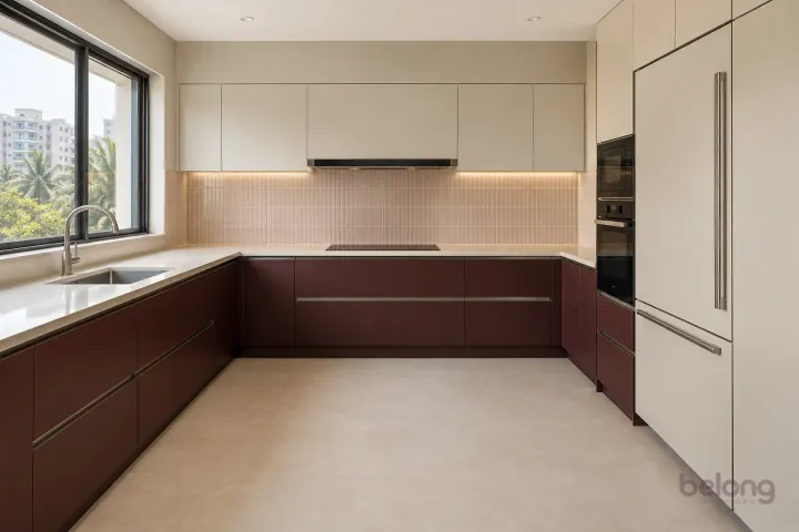 Contemporary U-shaped kitchen with deep burgundy lower cabinetry and a pale blush tiled backsplash.