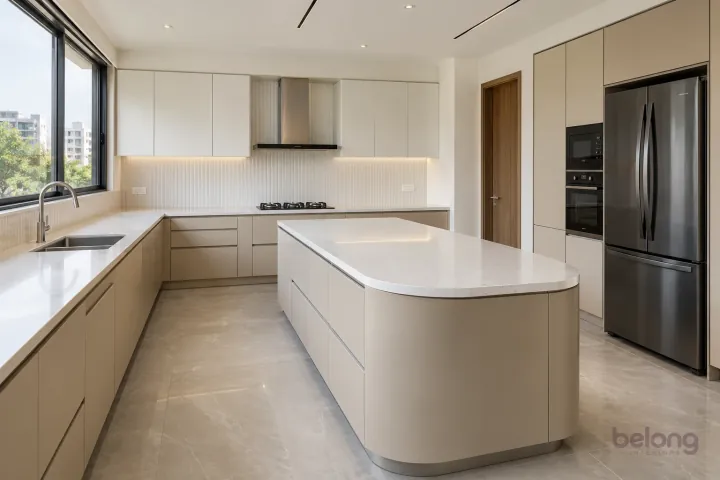 New modern villa kitchen with a central island in champagne and oyster, with white fine-grain quartz worktops and pearl white narrow fluted ceramic tiles.