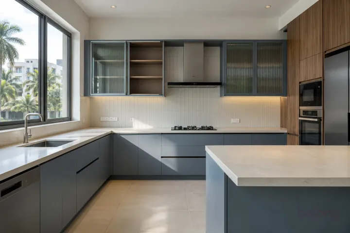 New modern sliding-glass wall cabinet in blue grey and warm walnut, with ivory quartzite-look porcelain worktops and warm-white vertical stacked ceramic tiles.