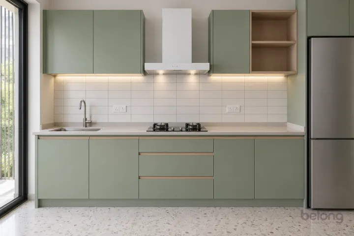 Sage wall run with stacked matte subway, with sage and matte white finishes, precise fitted joinery and pristine surfaces in a contemporary Indian home.