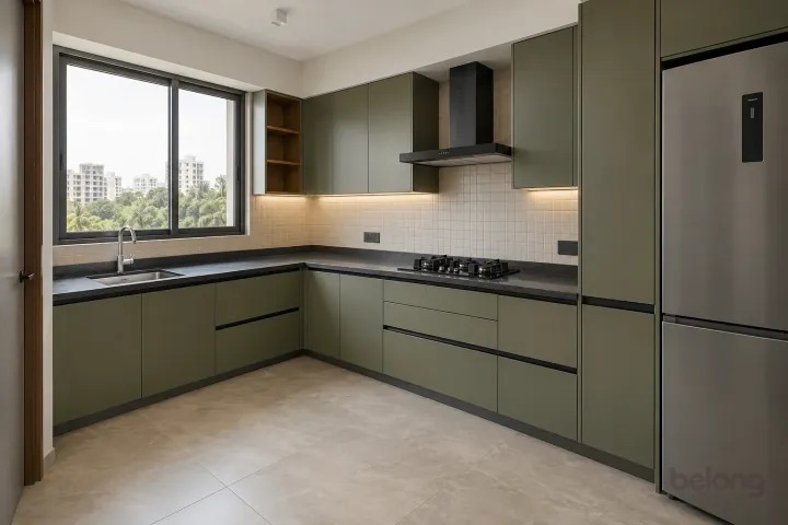 New modern compact L-shaped kitchen in olive and charcoal, with honed charcoal quartz worktops and cream micro-grid ceramic tiles.