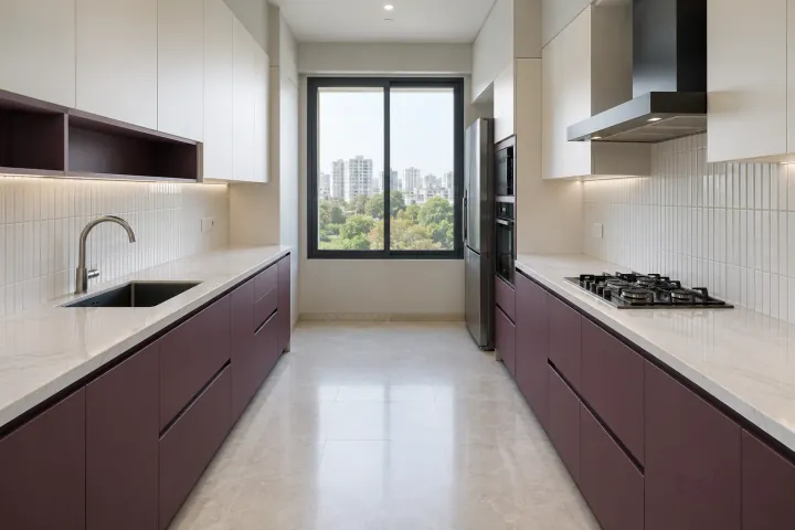New modern parallel kitchen with a clear aisle in aubergine and porcelain white, with white fine-veined porcelain worktops and white vertical stacked tiles.