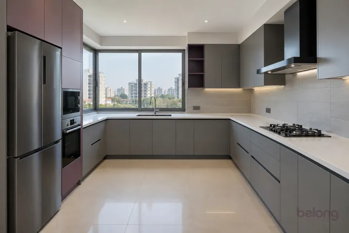 New modern generous U-shaped kitchen in storm grey and muted plum, with white quartz worktops and pale grey rectangular ceramic tiles with slim grout.