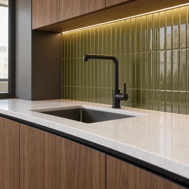Olive kit-kat tiles above a walnut base, with walnut and olive glaze finishes, precise fitted joinery and pristine surfaces in a contemporary Indian home.