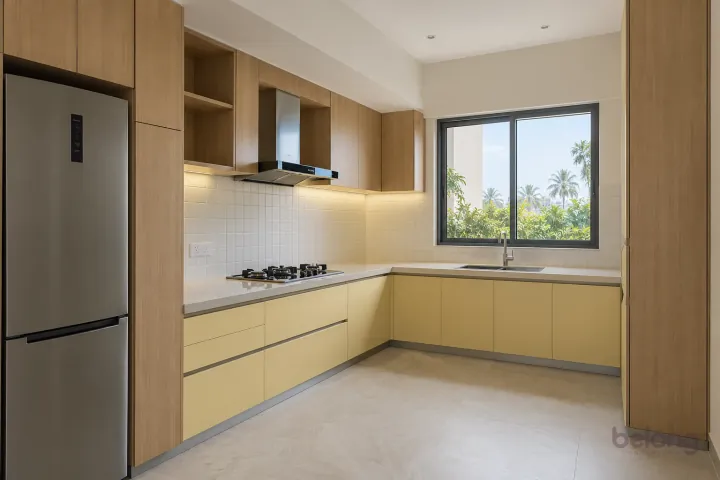 New modern compact L-shaped kitchen in butter yellow and natural oak, with cream sintered stone worktops and warm-white small square tiles.