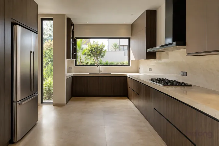 New modern generous U-shaped kitchen in espresso and mocha, with cream quartzite-look porcelain worktops and warm off-white large slab backsplash.