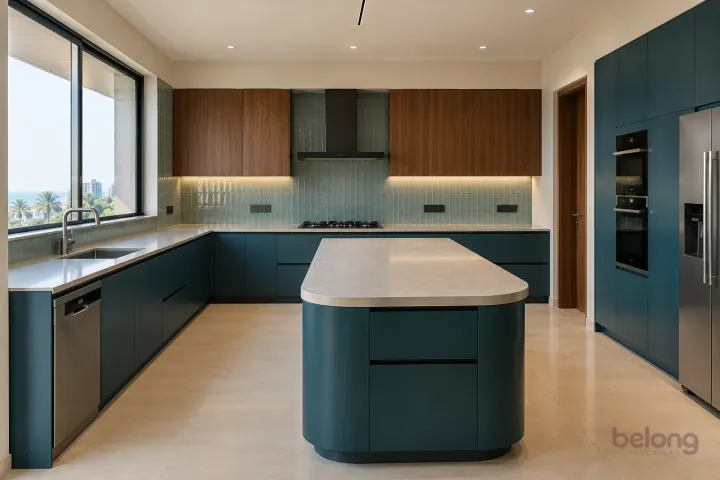 New modern villa kitchen with a central island in petrol teal and walnut, with pale ivory quartz worktops and pale blue-green vertically stacked ceramic tiles.