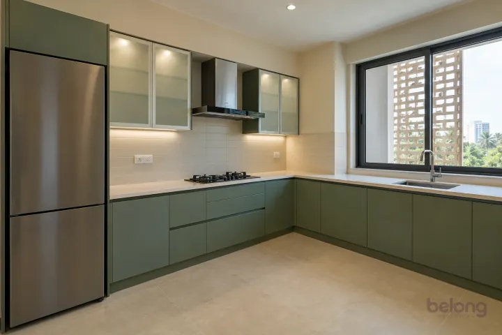 New modern compact L-shaped kitchen in eucalyptus green and ivory glass, with cream quartz worktops and pale ivory horizontal ceramic rectangles.