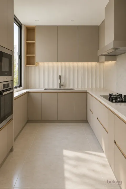 Mushroom units with a fluted ceramic splash, with mushroom and fluted white finishes, precise fitted joinery and pristine surfaces in a contemporary Indian home.