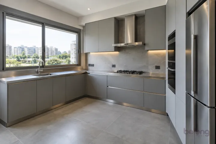 New modern compact L-shaped kitchen in concrete grey and satin steel, with brushed stainless steel worktops and warm grey large-format porcelain.