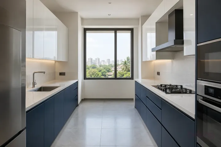 New modern parallel kitchen with a clear aisle in ink blue and cloud white, with white quartz with sparse subtle grey veins worktops and large matte off-white ceramic rectangles.