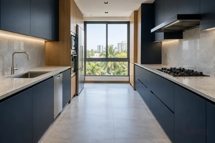 Parallel Indian apartment kitchen with navy cabinetry, oak tall units and a wide unobstructed central aisle.