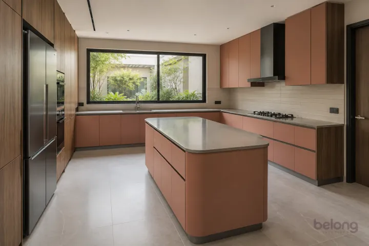 New modern villa kitchen with a central island in dusty coral and walnut, with warm grey quartz worktops and ivory horizontal stacked porcelain tiles.