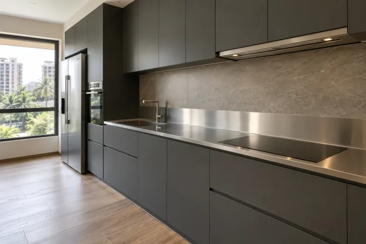 Minimal one-wall kitchen with graphite cabinetry, a satin stainless counter and integrated appliances.