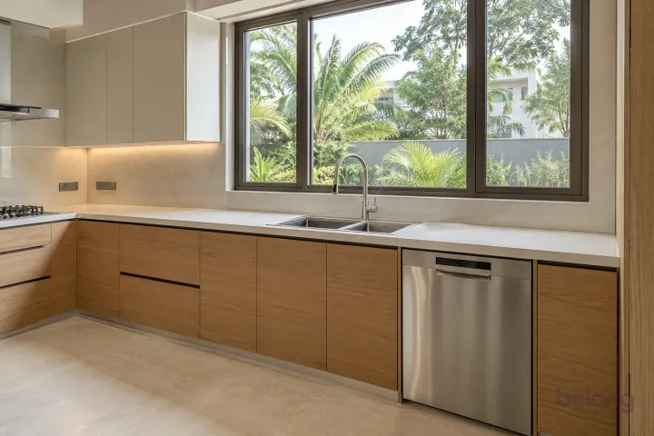 New double-bowl stainless sink with a brushed steel mixer and fitted dishwasher in an oak kitchen.