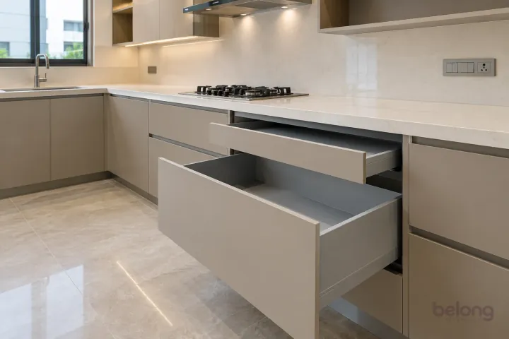 Greige deep drawers with empty interiors, with greige and pale quartz finishes, precise fitted joinery and pristine surfaces in a contemporary Indian home.