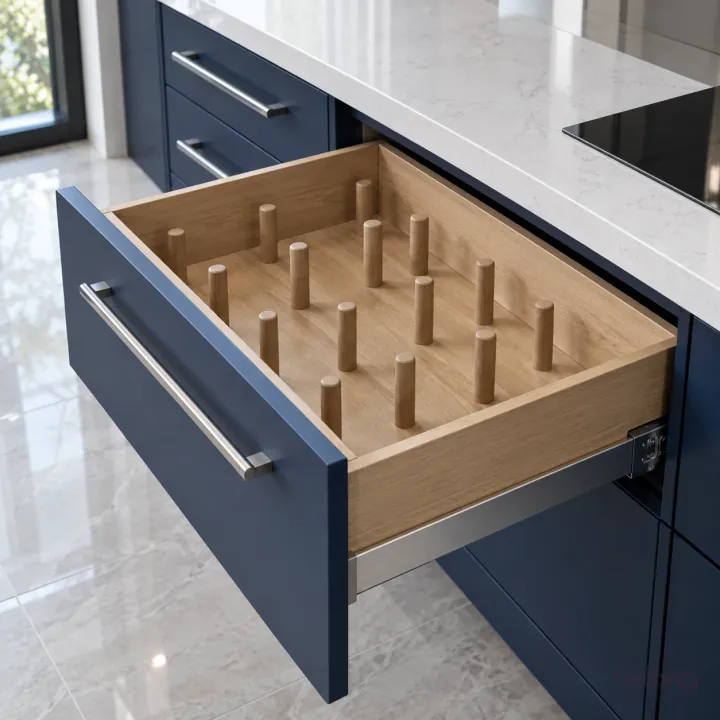 Navy drawer with adjustable oak pegs, with navy and light oak finishes, precise fitted joinery and pristine surfaces in a contemporary Indian home.