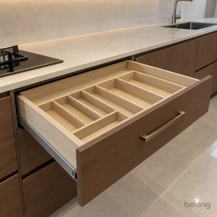 Walnut cutlery drawer with empty dividers, with walnut and pale ash finishes, precise fitted joinery and pristine surfaces in a contemporary Indian home.
