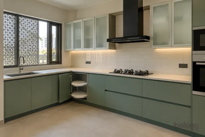 New modern accessible corner shelves in eucalyptus green and ivory glass, with cream quartz worktops and pale ivory horizontal ceramic rectangles.
