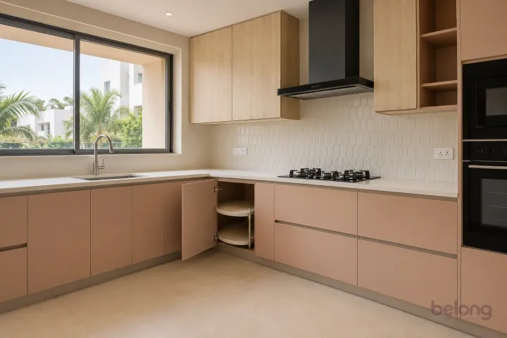 New modern accessible corner shelves in peach and bleached oak, with warm-white quartz worktops and ivory elongated hexagonal porcelain tiles.