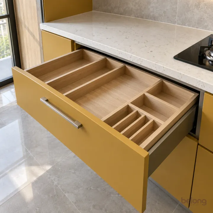 Mustard spice drawer with oak inserts, with mustard and light oak finishes, precise fitted joinery and pristine surfaces in a contemporary Indian home.