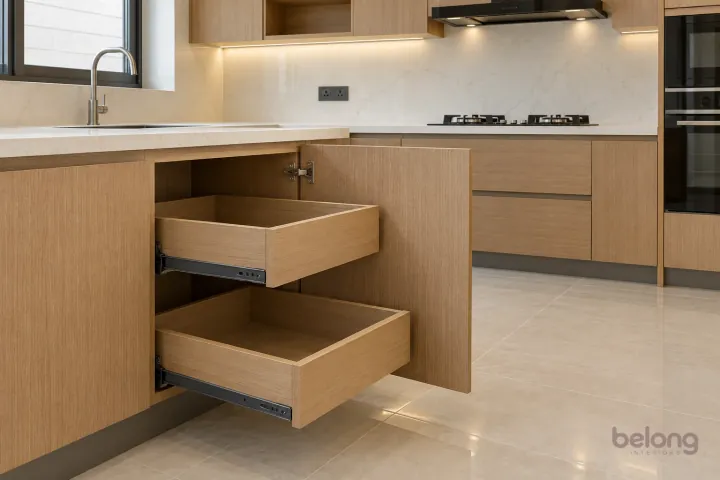 Oak base pull-outs with solid-sided trays, with warm oak and ivory quartz finishes, precise fitted joinery and pristine surfaces in a contemporary Indian home.