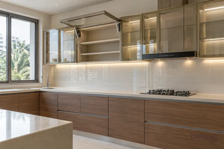 New champagne and walnut kitchen with one glass-front wall cabinet lifted open on supported hinges.