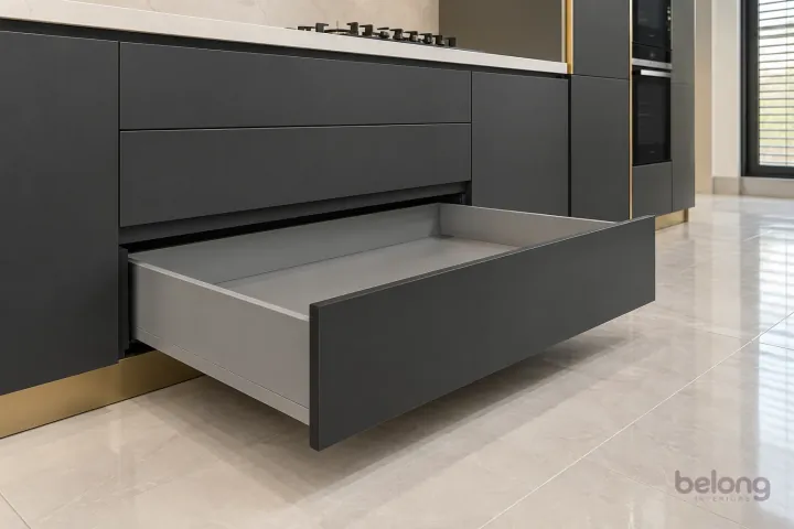 Charcoal lower drawer with a deep empty tray, with charcoal and pale quartz finishes, precise fitted joinery and pristine surfaces in a contemporary Indian home.