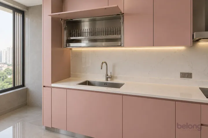 Rose-pink drying cabinet above a sink, with dusty rose and warm white finishes, precise fitted joinery and pristine surfaces in a contemporary Indian home.