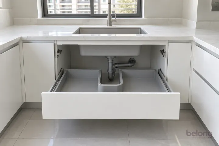 White sink base with a U-shaped drawer, with snow white and brushed aluminium finishes, precise fitted joinery and pristine surfaces in a contemporary Indian home.