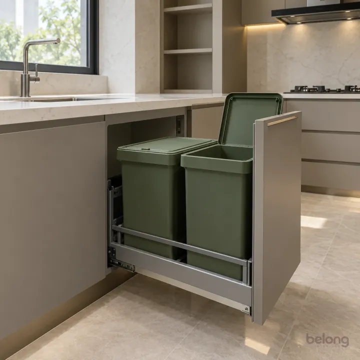Twin bins inside a fitted pull-out, with warm grey and pale quartz finishes, precise fitted joinery and pristine surfaces in a contemporary Indian home.