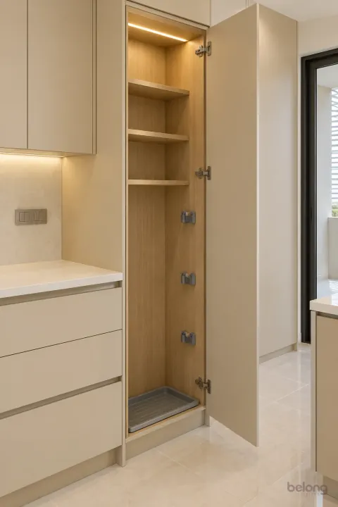 Tall oat cupboard with empty tool storage, with oat and warm white finishes, precise fitted joinery and pristine surfaces in a contemporary Indian home.